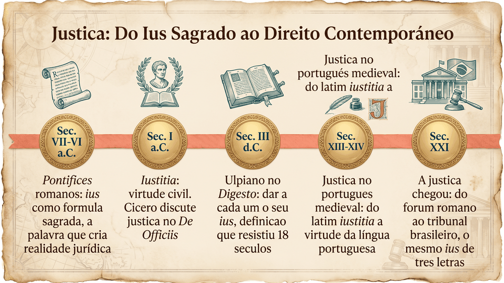 Linha do tempo da origem da palavra justiça com cinco marcos dos pontifices romanos usando ius como fórmula sagrada à iustitia de Cícero à definição de Ulpiano ao português medieval e ao uso contemporâneo brasileiro