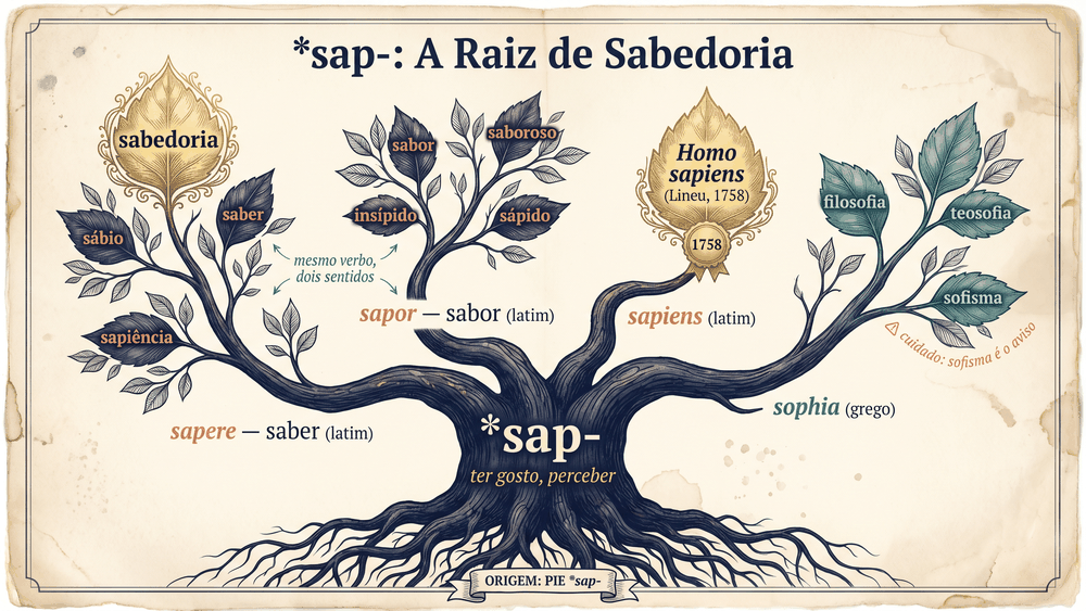 Árvore etimológica da origem da palavra sabedoria com raiz PIE sap e seus galhos sapere sabor Homo sapiens e sophia com sofisma em aviso