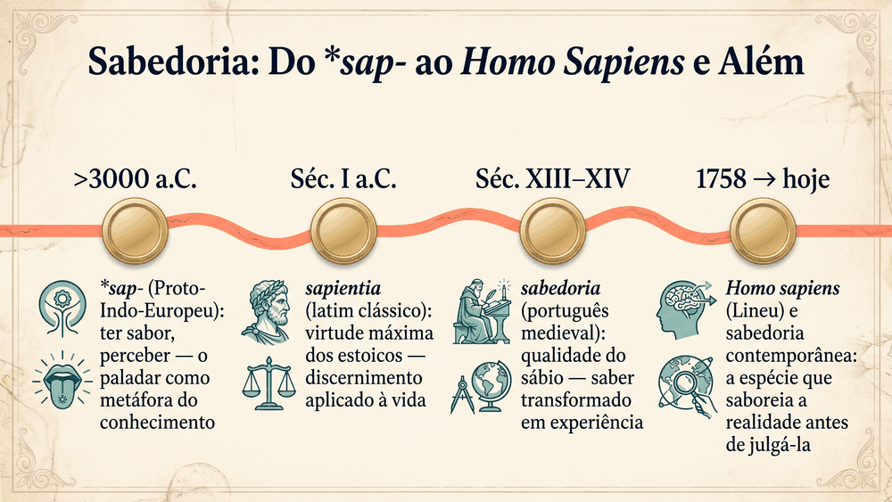 Linha do tempo da origem da palavra sabedoria com quatro marcos do proto-indo-europeu sap ao português contemporâneo e Homo sapiens de Lineu em 1758