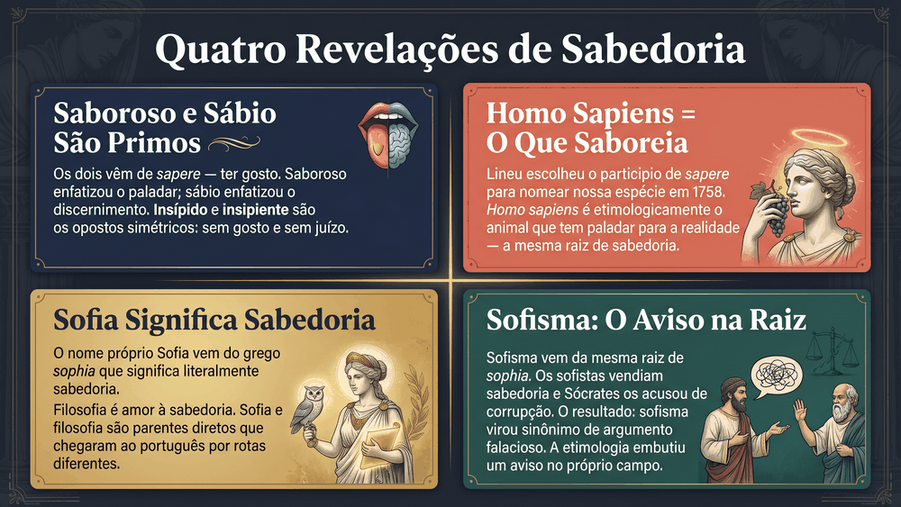 Quatro cards de curiosidades sobre a origem da palavra sabedoria mostrando saboroso como primo Homo sapiens como parente Sofia como tradução e sofisma como aviso
