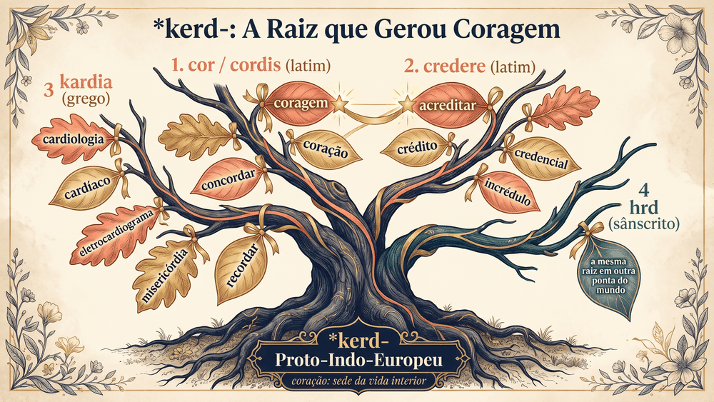 Árvore etimológica da origem da palavra coragem com raiz PIE kerd e seus galhos em latim cor credere e grego kardia