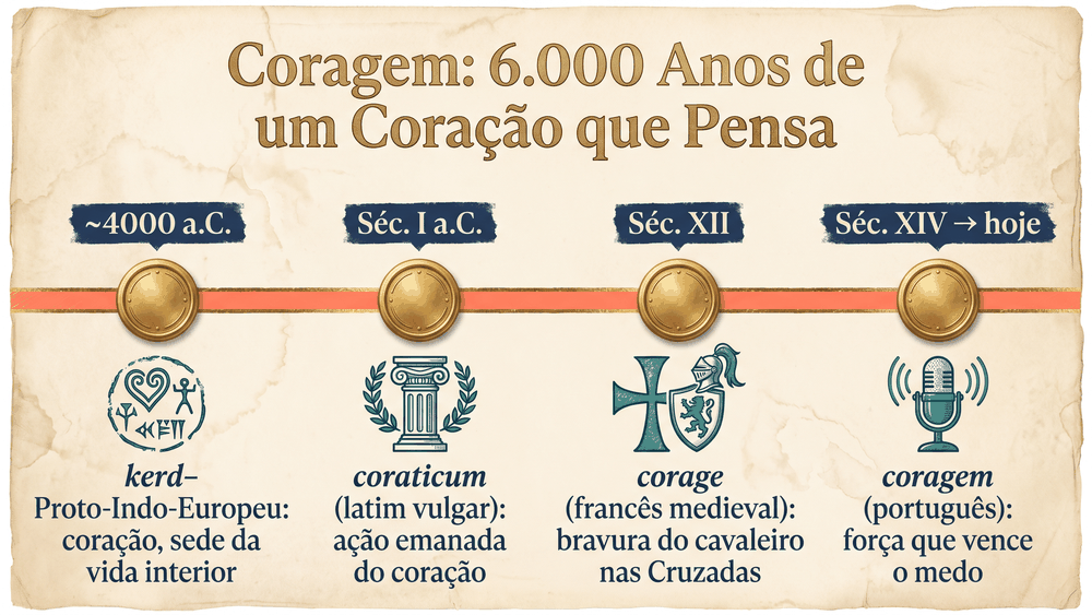Linha do tempo da origem da palavra coragem com quatro marcos do proto-indo-europeu kerd ao português contemporâneo