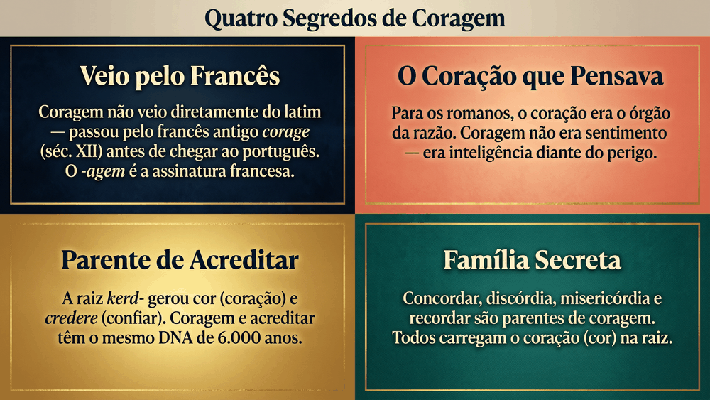 Quatro cards de curiosidades sobre a origem da palavra coragem mostrando a rota francesa o coração romano a ligação com acreditar e a família secreta