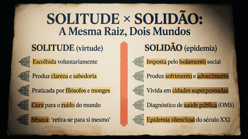 origem da palavra solidão, infográfico comparativo entre solitude como virtude filosófica e solidão como epidemia contemporânea