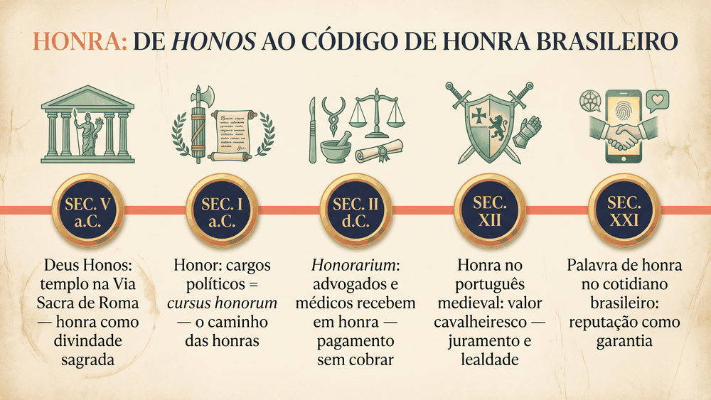 Linha do tempo da origem da palavra honra com cinco marcos do deus romano honos ao honor político ao honorário ao português medieval e ao cotidiano brasileiro