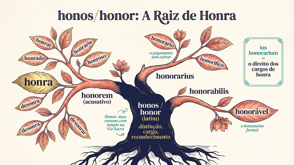 Árvore etimológica da origem da palavra honra mostrando honos e honor latinos e seus derivados honra honorário honorável e ius honorarium