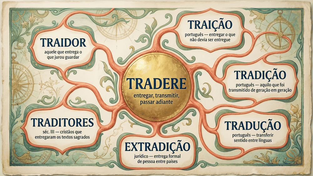 Mapa etimológico de tradere ilustrando a origem da palavra traição e sua bifurcação em tradição e traição nas línguas românicas