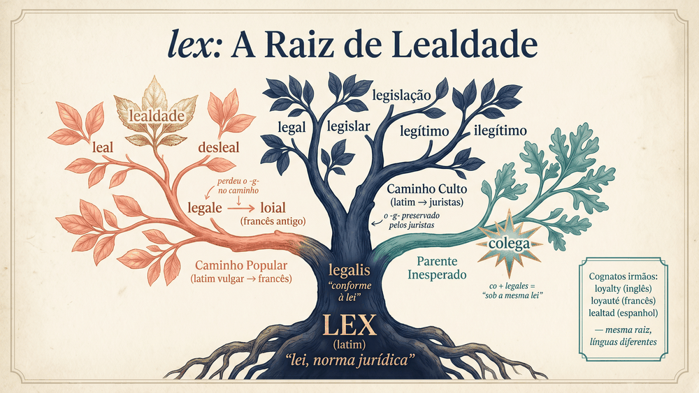 Árvore etimológica da origem da palavra lealdade mostrando lex e legalis com dois caminhos o popular leal e lealdade e o culto legal e legislar e o parente inesperado colega