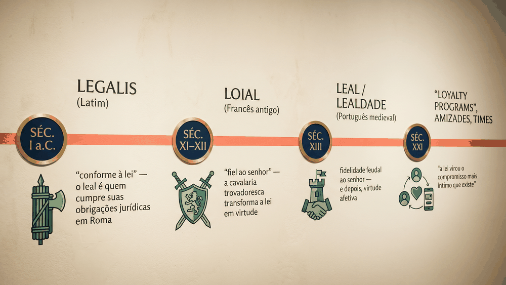 Linha do tempo da origem da palavra lealdade com quatro marcos do latim legalis ao francês loial ao português medieval leal e ao uso contemporâneo em loyalty programs e amizades