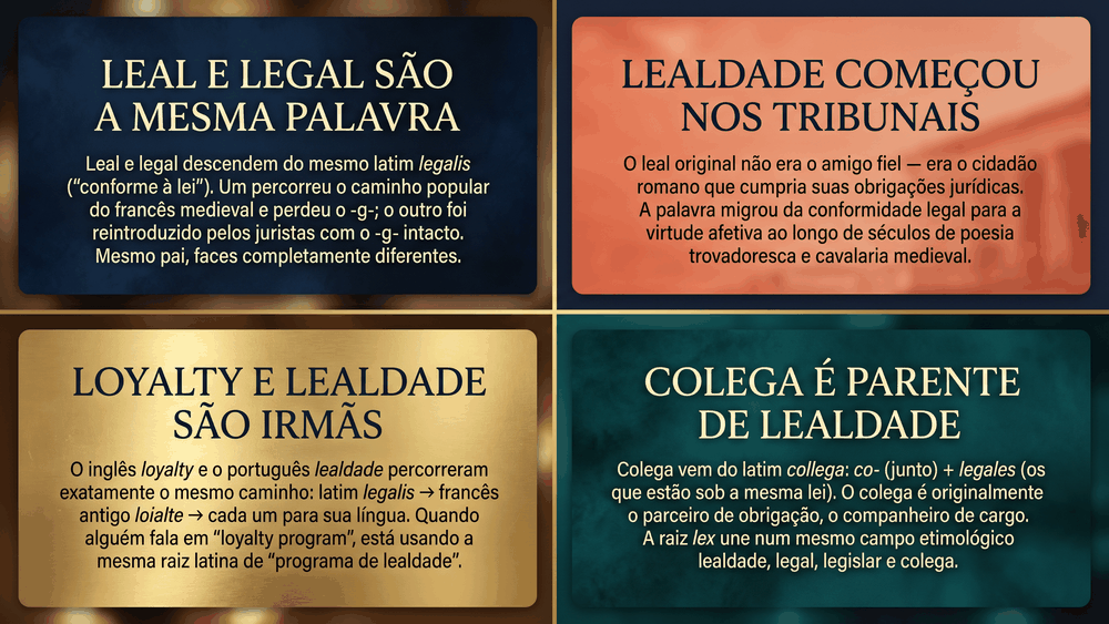 Quatro cards de curiosidades sobre a origem da palavra lealdade mostrando leal e legal como a mesma palavra a origem nos tribunais romanos loyalty como irmã etimológica e colega como parente inesperado