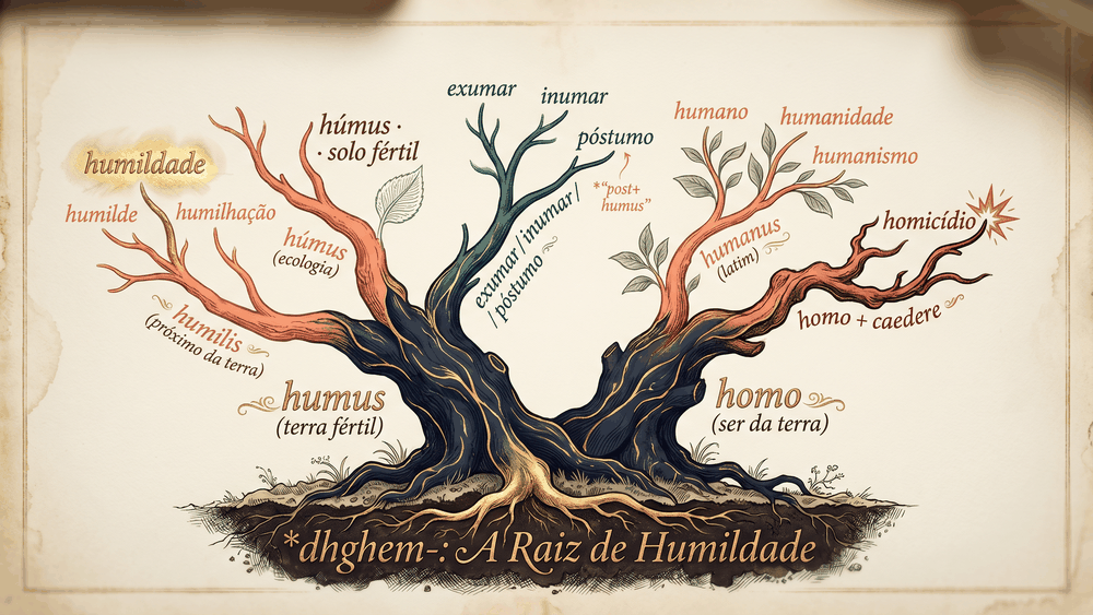 Árvore etimológica da origem da palavra humildade com raiz PIE dhghem e seus galhos humus humilis homo homicídio e póstumo com post humus em destaque