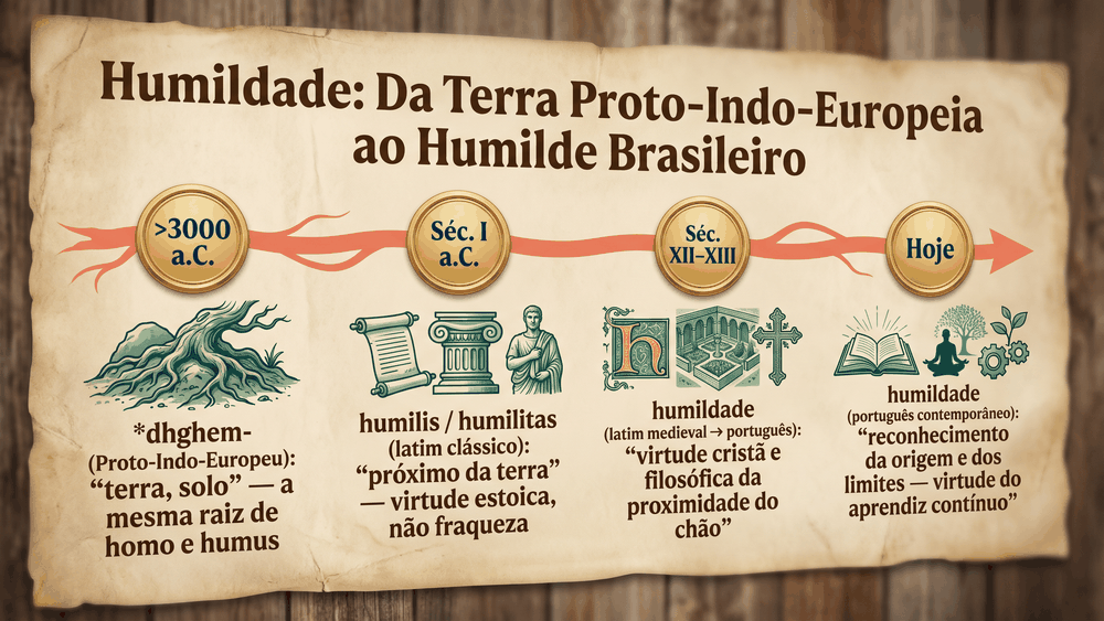 Linha do tempo da origem da palavra humildade com quatro marcos do proto-indo-europeu dhghem ao português contemporâneo passando pelo latim humilis e pelo medieval cristão