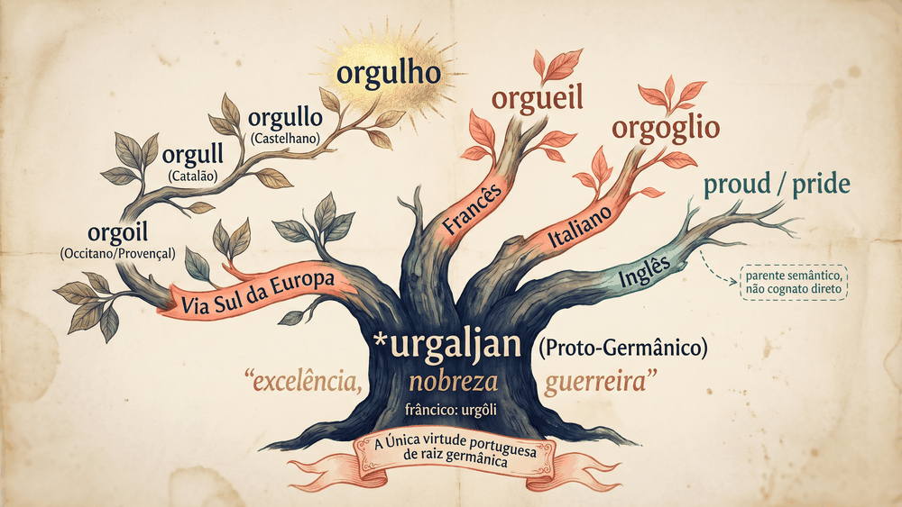 Árvore etimológica da origem da palavra orgulho mostrando urgaljan proto-germânico frâncico urgôli e seus derivados románicos orgoil orgueil orgull orgullo até o português orgulho