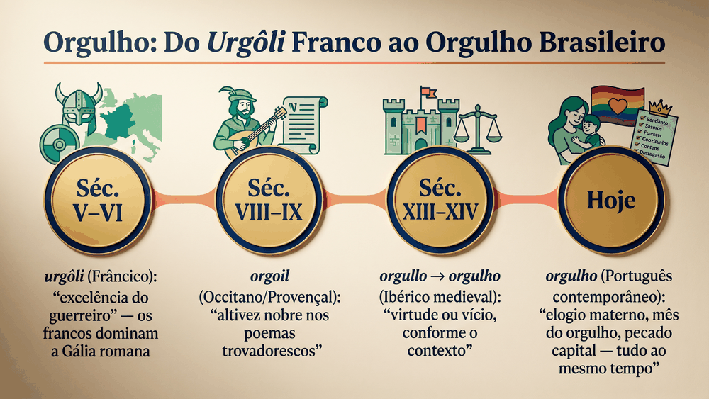 Linha do tempo da origem da palavra orgulho com quatro marcos do frâncico urgôli ao occitano orgoil ao castelhano orgullo e ao português contemporâneo