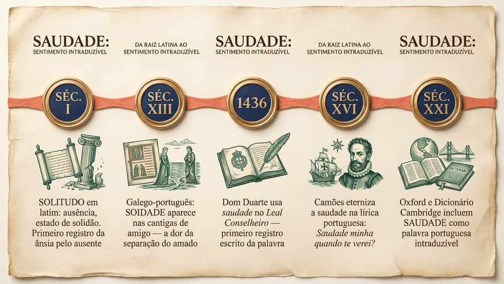 Linha do tempo da origem da palavra saudade com 5 marcos históricos, do latim SOLITUDO ao reconhecimento internacional do séc. XXI