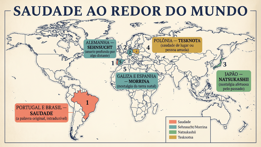 Mapa linguístico sobre a origem da palavra saudade mostrando as tentativas de tradução em alemão, japonês, polonês e galego