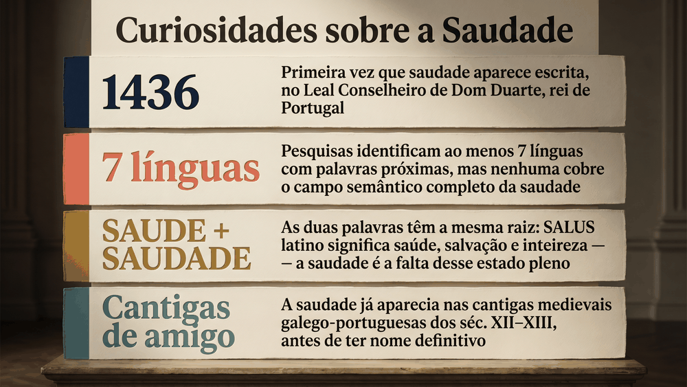 Cards de curiosidades sobre a origem da palavra saudade com 4 fatos históricos e etimológicos surpreendentes
