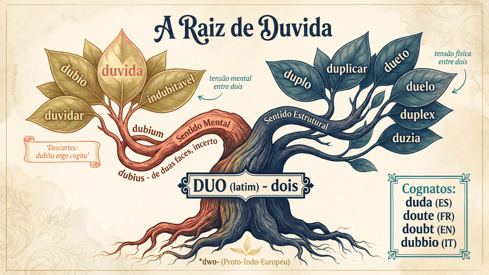 Árvore etimológica da origem da palavra dúvida mostrando proto-indo-europeu dwo e o latim duo com dois galhos dubius levando a dúvida e duo direto levando a duplo dueto duelo