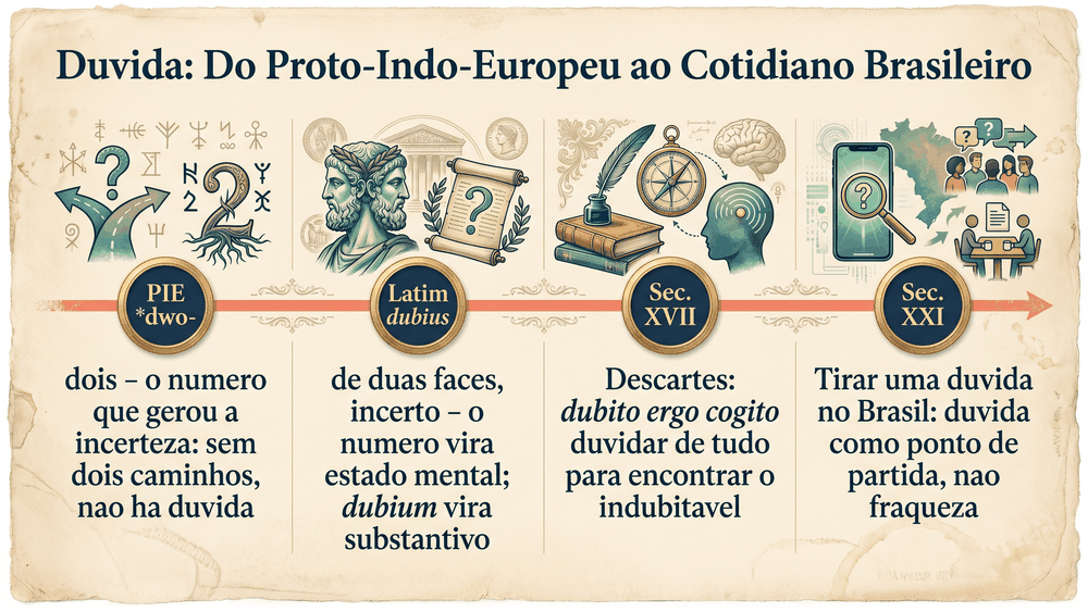 Linha do tempo da origem da palavra dúvida com quatro marcos do proto-indo-europeu dwo ao latim dubius ao dubito de Descartes e ao uso contemporâneo brasileiro