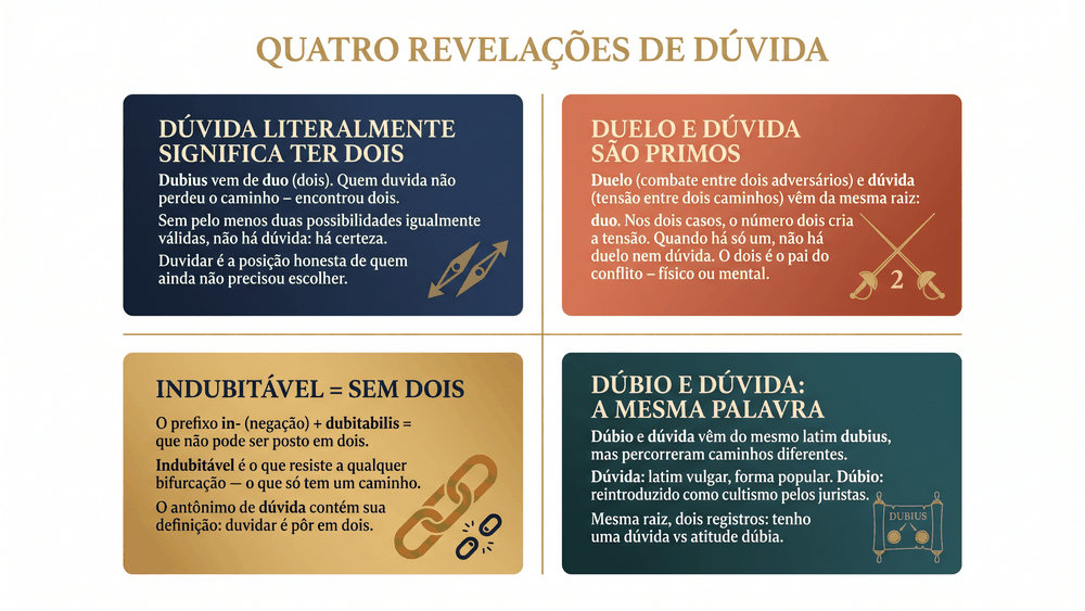 Quatro cards de curiosidades sobre a origem da palavra dúvida mostrando que dúvida significa ter dois que duelo e dúvida são primos que indubitável é sem dois e que dúbio e dúvida são a mesma palavra