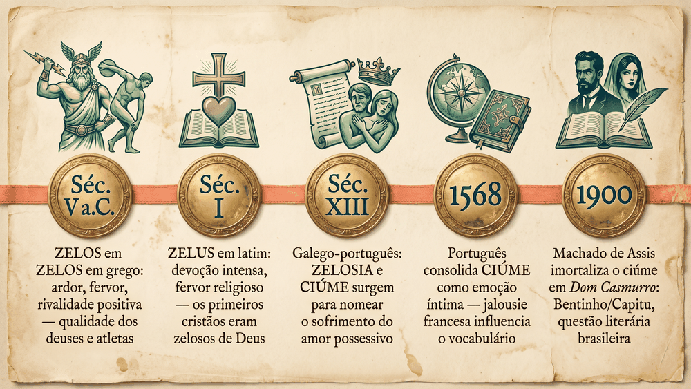 origem da palavra ciúme — árvore etimológica de ZELOS com derivados ciúme, zelo, zeloso, cioso e zelota