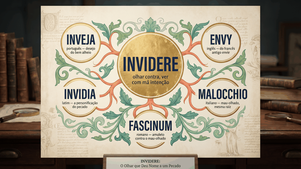 Mapa etimológico de INVIDERE mostrando a origem da palavra inveja e a família de palavras de videre