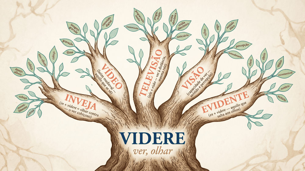 Árvore de VIDERE: origem da palavra inveja e os dois caminhos do mesmo verbo — o olhar neutro e o olhar hostil