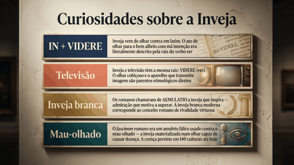 Cards da família de VIDERE em português: origem da palavra inveja, televisão, evidência e visão na mesma raiz