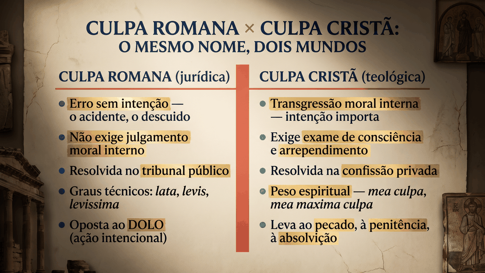 Composição sépia mostrando a trajetória da origem da palavra culpa: do fórum romano ao confessionário medieval