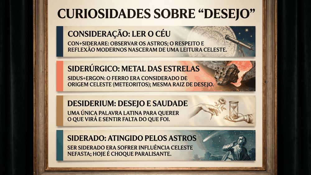 Cards de curiosidades etimológicas sobre a palavra desejo e sua origem nas estrelas