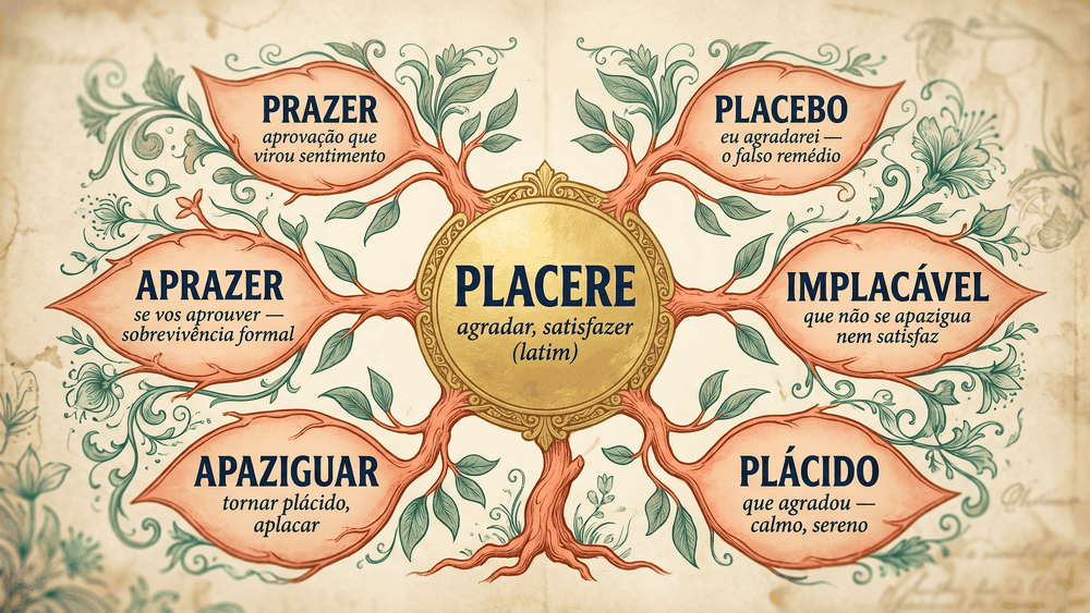 Mapa da família etimológica de placere, origem latina da palavra prazer