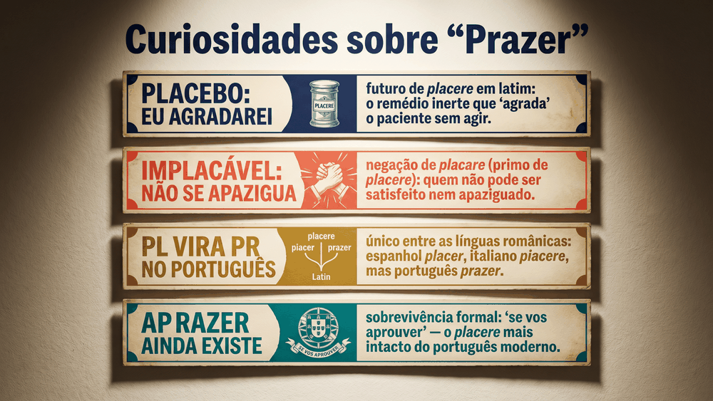 Cards de curiosidades etimológicas sobre a palavra prazer e sua origem latina