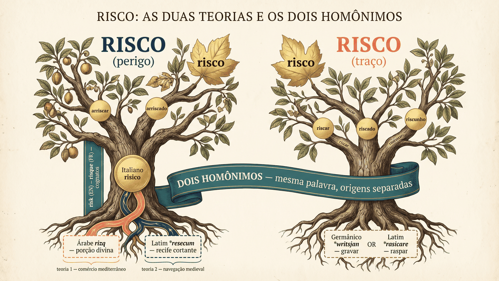 Árvore etimológica da origem da palavra risco mostrando dois troncos separados risco perigo com as teorias árabe rizq e latina resecum e risco traço com a origem germânica e latina