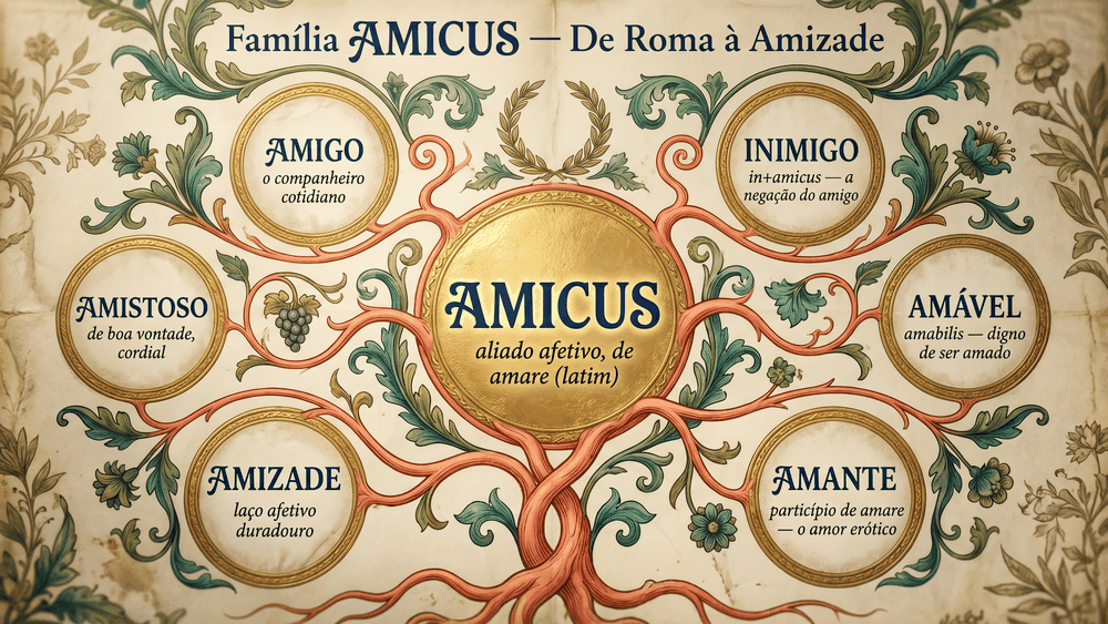 Mapa da família etimológica do latim amicus, origem da palavra amigo