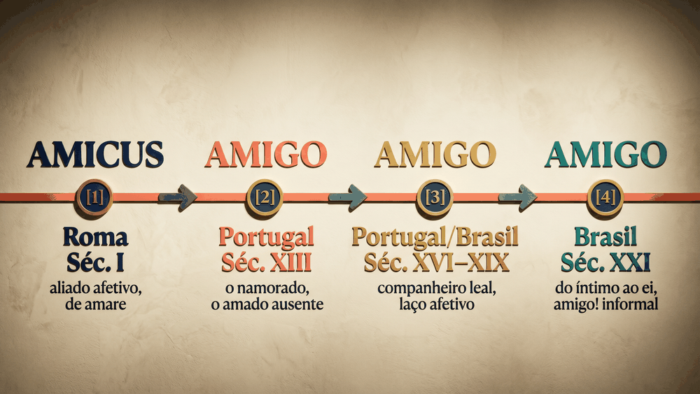 Linha do tempo da evolução histórica da palavra amigo do latim ao português