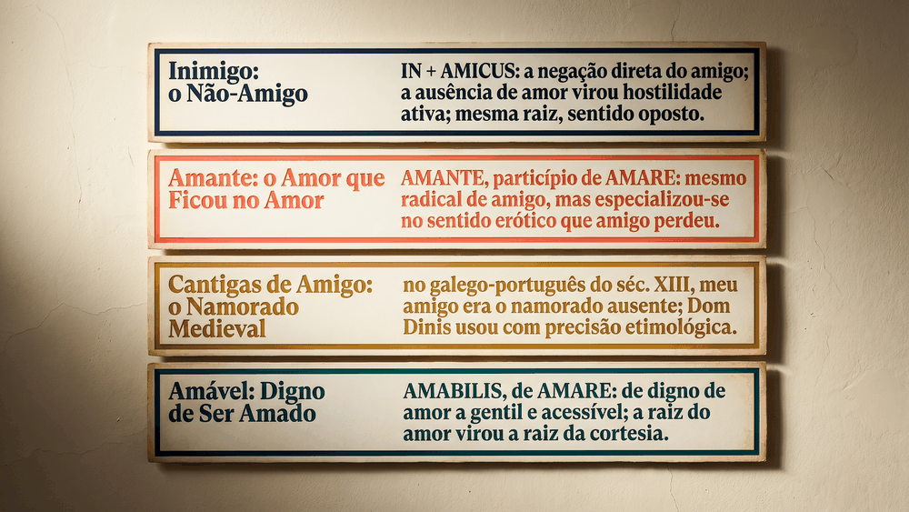 Cards de curiosidades etimológicas sobre a palavra amigo e sua origem no latim amicus