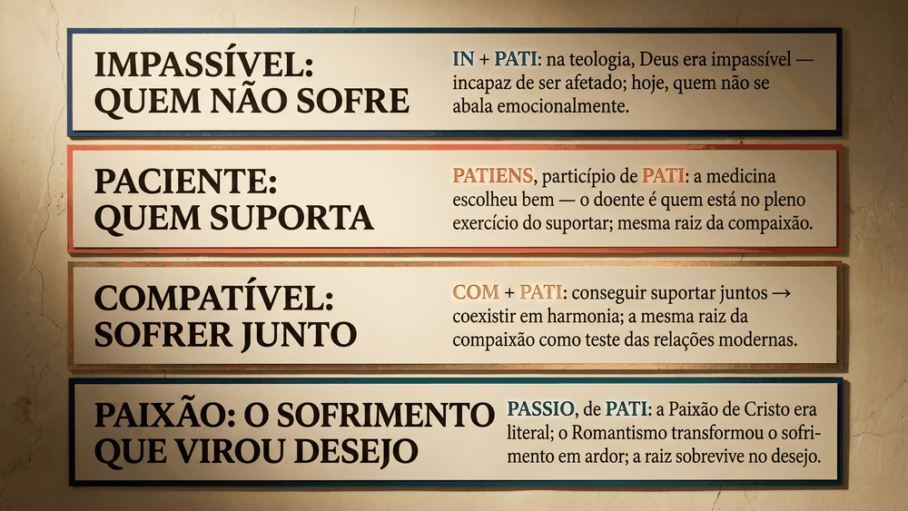 Cards de curiosidades etimológicas sobre a palavra compaixão e sua origem latina