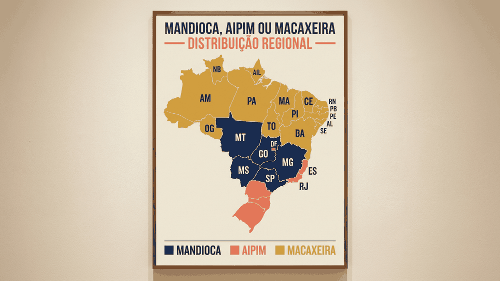 mandioca, aipim ou macaxeira no Brasil: mapa de distribuição regional por estados, Nordeste usa macaxeira, RJ/Sul usa aipim, SP/MG/CO usa mandioca