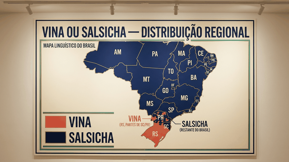 vina ou salsicha, mapa linguístico do Brasil com Rio Grande do Sul em coral (vina) e restante do país em azul (salsicha), divisão nítida sem zona de transição, Palavras com História