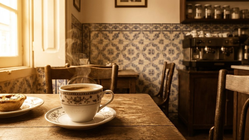 xícara ou chávena, café histórico português com chávena de porcelana em mesa com azulejos tradicionais de Lisboa, Palavras com História