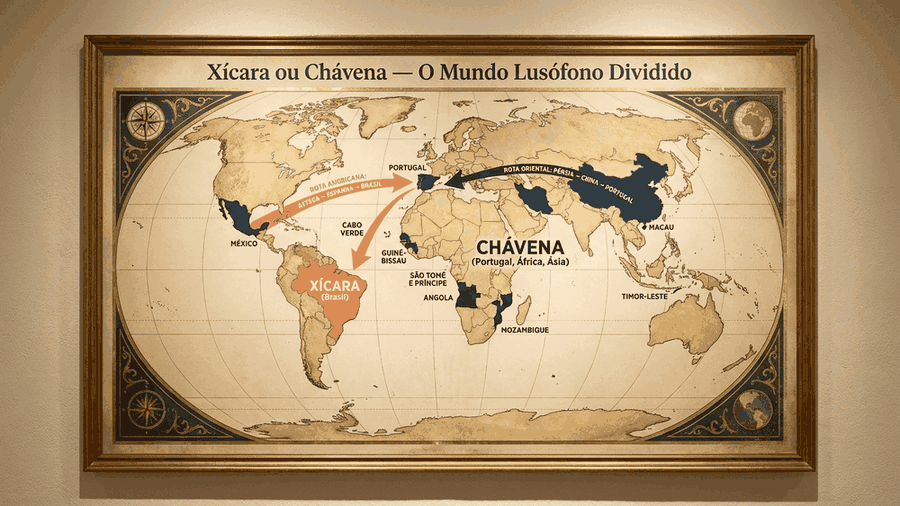 xícara ou chávena, mapa do mundo lusófono com Brasil em xícara e Portugal, Angola, Moçambique e Cabo Verde em chávena, Palavras com História