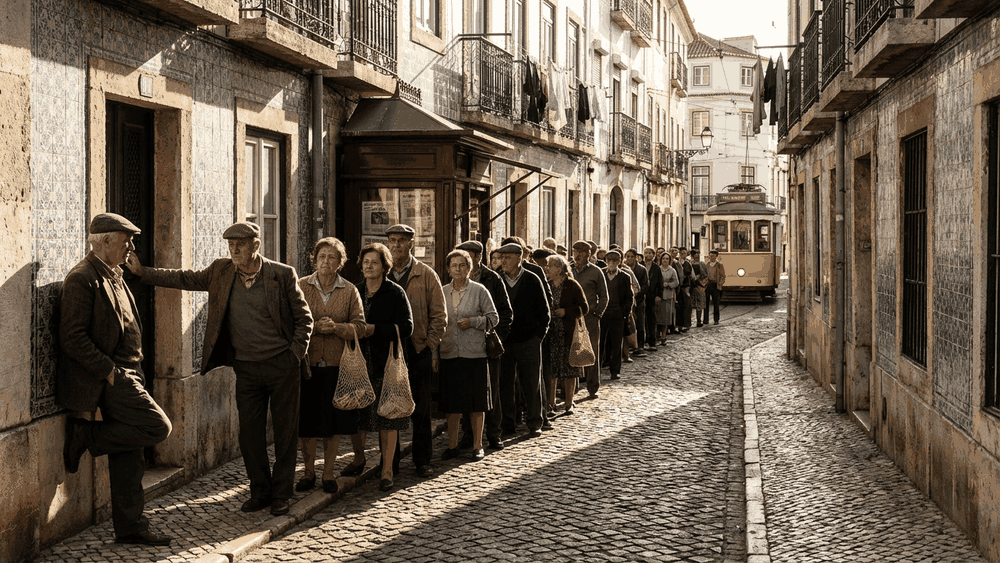 fila ou bicha, bicha de pessoas em padaria ou mercado histórico de Lisboa, Portugal, século XIX, Palavras com História