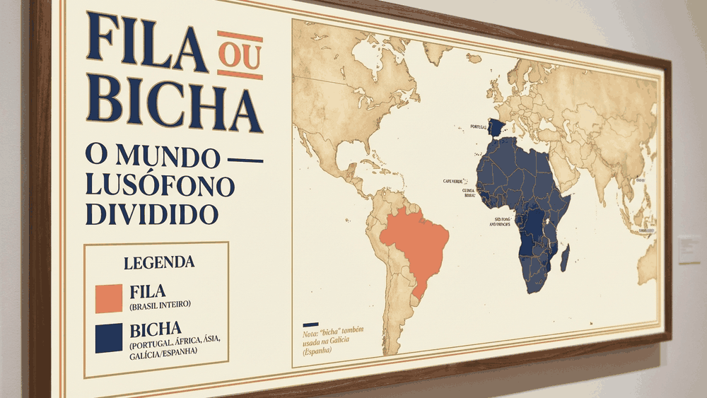 fila ou bicha, mapa do mundo lusófono mostrando Brasil com Fila e Portugal, África e Ásia com Bicha, Palavras com História
