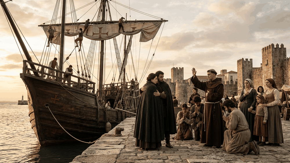 tchau, adeus ou até logo, porto ou cidade medieval portuguesa com cena de despedida formal entre personagens históricos, Palavras com História