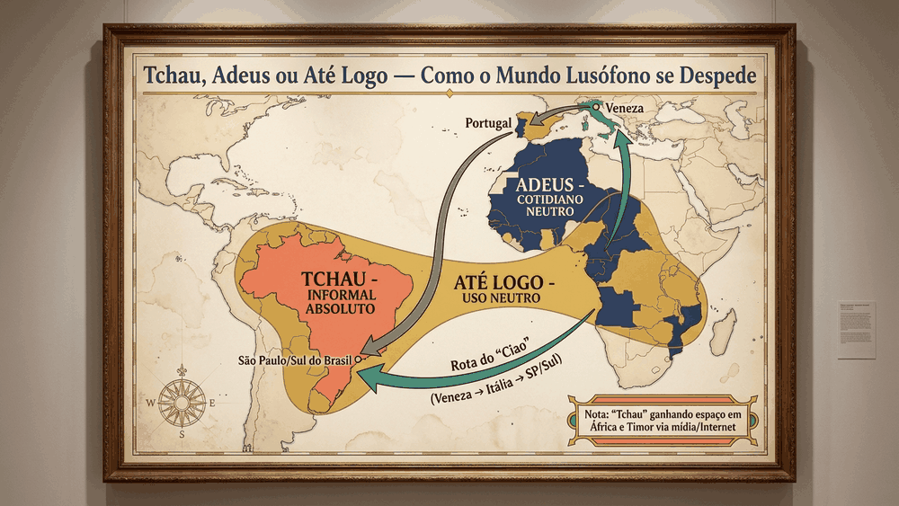 tchau, adeus ou até logo, mapa do mundo lusófono com Brasil em tchau e Portugal e África lusófona em adeus, Palavras com História