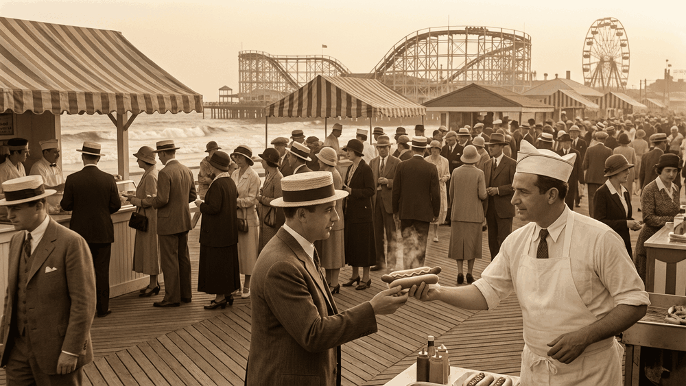 cachorro-quente ou hot dog, Coney Island, Nova York, anos 1920, berço do hot dog moderno onde Charles Feltman revolucionou a comida de rua americana, Palavras com História