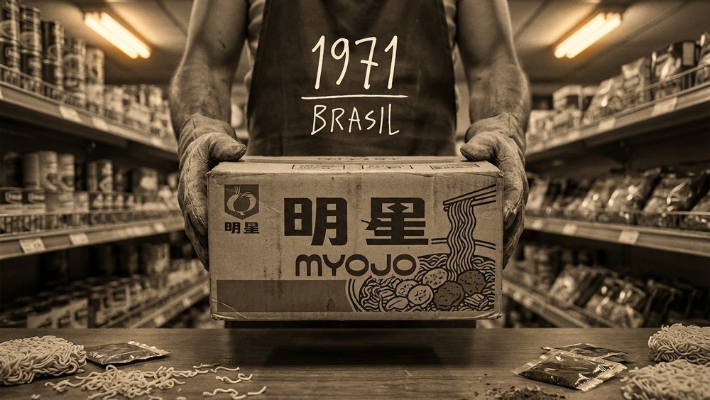 miojo ou macarrão instantâneo, embalagem original Myojo de 1971, a marca japonesa que originou o termo genérico 'miojo' no Brasil, Palavras com História