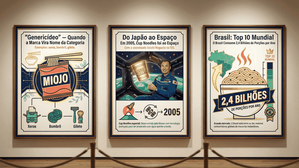 miojo ou macarrão instantâneo, colagem temática: Momofuku Ando, Cup Noodles no espaço (2005) e consumidor brasileiro, a história do miojo, Palavras com História