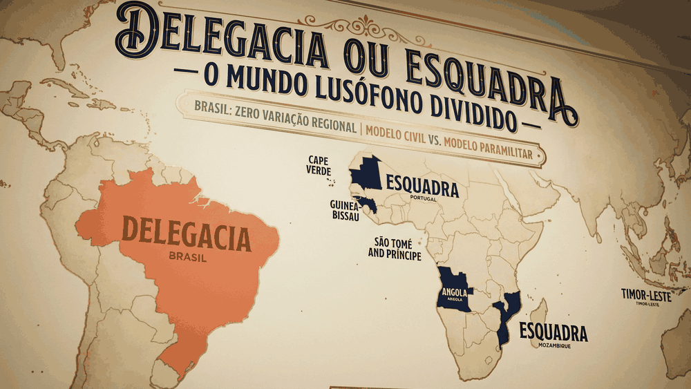 delegacia ou esquadra, mapa do mundo lusófono mostrando a divisão regional: Brasil usa delegacia, Portugal e países africanos usam esquadra, Palavras com História