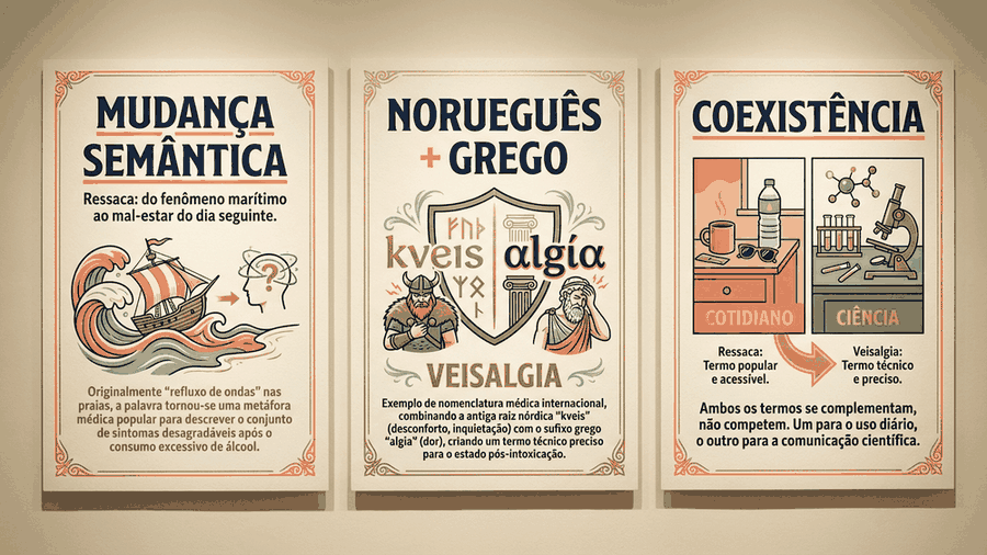 ressaca ou veisalgia, infográfico mostrando a distribuição contextual: ressaca no uso cotidiano lusófono, veisalgia no contexto científico internacional, Palavras com História